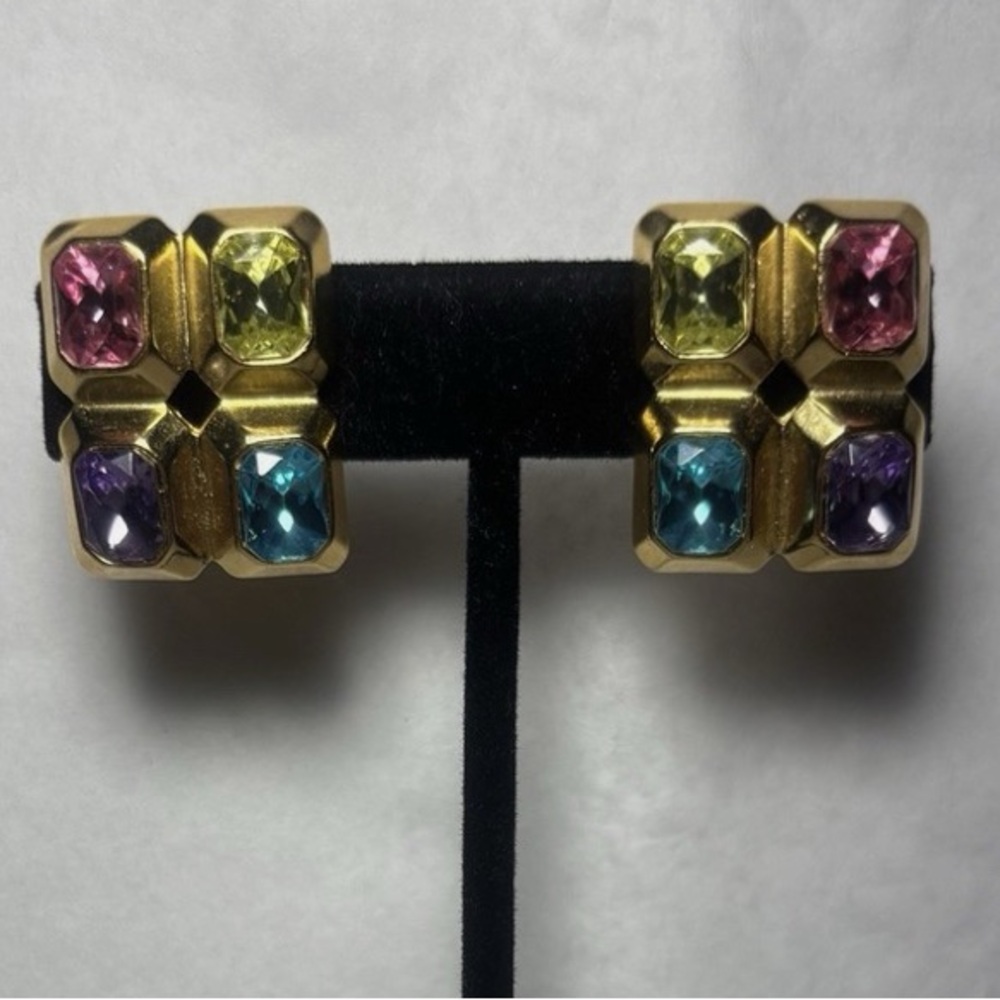Trafari Clip Earrings Purple Pink Blue Yellow Multicolor Crystals Statement 80s